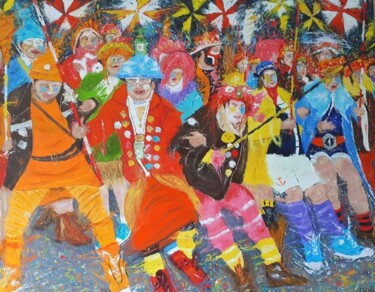 Painting titled "Le carnaval de Dunk…" by Philippe Walle, Original Artwork, Oil Mounted on Wood Stretcher frame