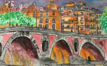 Digital Arts titled "Toulouse pont neuf" by Philippe Zizard, Original Artwork, Watercolor