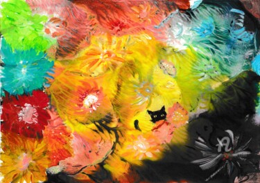 Arte digital titulada "Minou aux fleurs" por Philippe Zizard, Obra de arte original, Acrílico