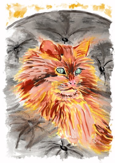 Digital Arts titled "Minou au sofa" by Philippe Zizard, Original Artwork, Watercolor