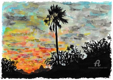 Arts numériques intitulée "Coucher de soleil" par Philippe Zizard, Œuvre d'art originale, Aquarelle
