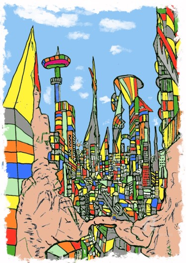 Digital Arts titled "Électric city" by Philippe Zizard, Original Artwork, Acrylic