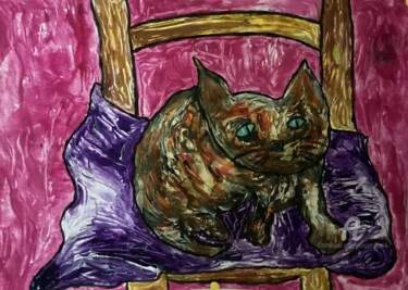 Painting titled "Chat sur son coussin" by Philippe Zizard, Original Artwork, Acrylic