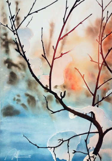 Peinture intitulée "Branche neige" par Philippe Auger, Œuvre d'art originale, Aquarelle