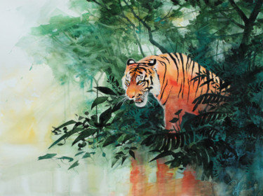 Peinture intitulée "Tigre dans la jungle" par Philippe Auger, Œuvre d'art originale, Gouache