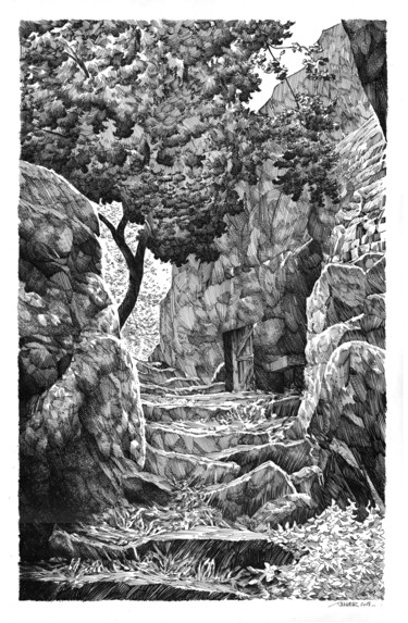 Rysunek zatytułowany „Escalier de pierres” autorstwa Philippe Auger, Oryginalna praca, Atrament