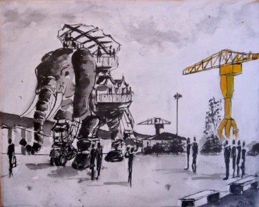Painting titled "Nantes, son éléphan…" by Philippe Blanchard, Original Artwork, Ink