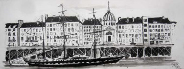 Peinture intitulée "Le Belem à Nantes" par Philippe Blanchard, Œuvre d'art originale, Encre