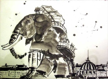 Peinture intitulée "L'éléphant de Nantes" par Philippe Blanchard, Œuvre d'art originale, Encre