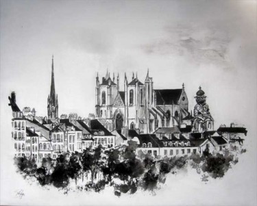 Peinture intitulée "La cathédrale de Na…" par Philippe Blanchard, Œuvre d'art originale, Encre