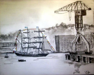 Painting titled "Arrivée du Belem à…" by Philippe Blanchard, Original Artwork, Ink