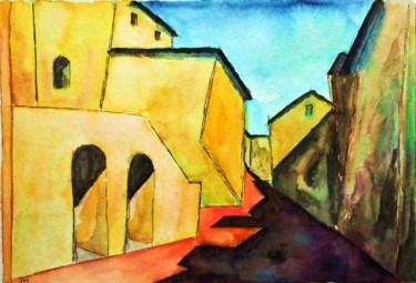 Peinture intitulée "rue ensoleillée" par Philip Moreau, Œuvre d'art originale, Encre
