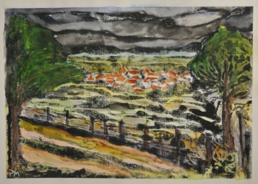 Painting titled "les toits du village" by Philip Moreau, Original Artwork, Ink