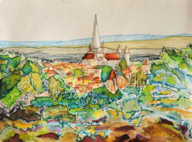Painting titled "vue d' Autun III" by Philip Moreau, Original Artwork, Ink