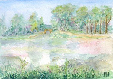 Schilderij getiteld "le bassin du canal…" door Philip Moreau, Origineel Kunstwerk, Aquarel