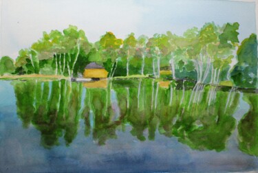 Peinture intitulée "reflets sur l' étang" par Philip Moreau, Œuvre d'art originale, Aquarelle