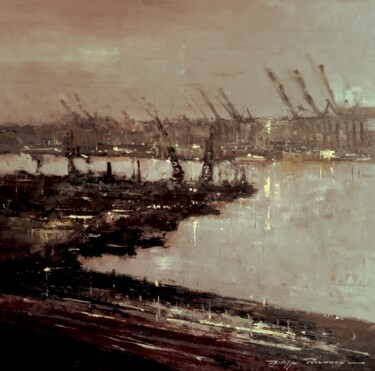 Painting titled "Vision portuaire 1…" by Philippe Perennou, Original Artwork, Oil Mounted on Wood Stretcher frame