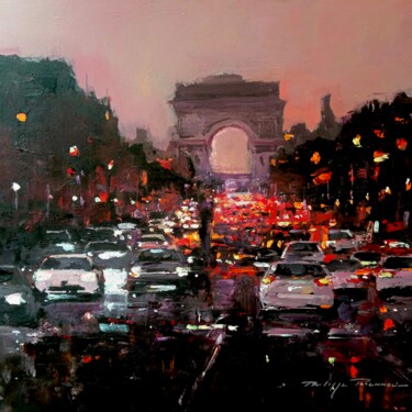 Painting titled "Paris , les Champs…" by Philippe Perennou, Original Artwork, Oil Mounted on Wood Stretcher frame