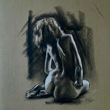 Dessin intitulée "Étude femme de dos" par Philippe Petit, Œuvre d'art originale, Fusain