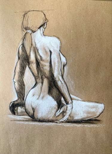Nue de femme assise de dos. Dessin intitulée "Nue de femme assise…" par Philippe Petit, Œuvre d'art originale, Fusain