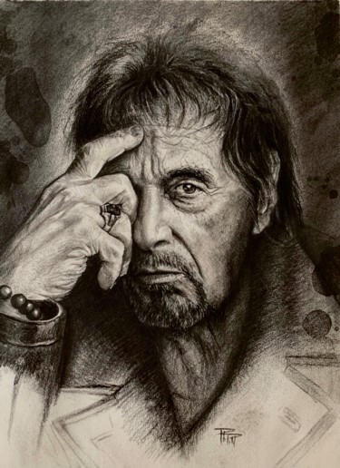 Drawing titled "Al Pacino" by Philippe Petit, Original Artwork, Charcoal