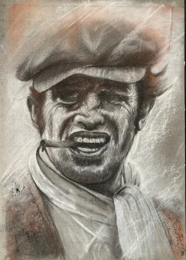 「Jean-Paul Belmondo…」というタイトルの描画 Philippe Petitによって, オリジナルのアートワーク, 木炭