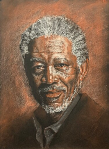 Tekening getiteld "Morgan Freeman" door Philippe Petit, Origineel Kunstwerk, Pastel