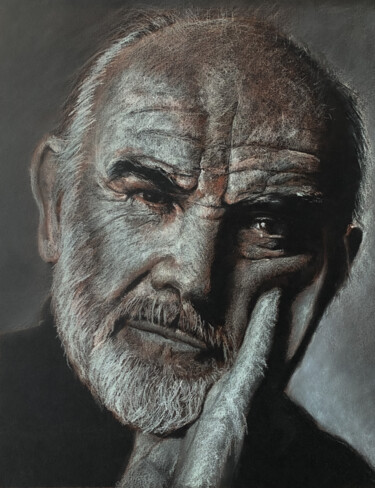 Tekening getiteld "Sir Sean Connery" door Philippe Petit, Origineel Kunstwerk, Pastel Gemonteerd op Andere stijve panelen