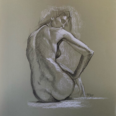 Tekening getiteld "Nu féminin assis de…" door Philippe Petit, Origineel Kunstwerk, Houtskool