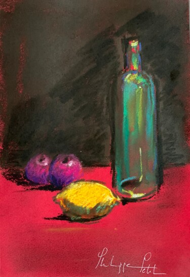 Drawing titled "Bouteille au citron" by Philippe Petit, Original Artwork, Pastel Mounted on Cardboard