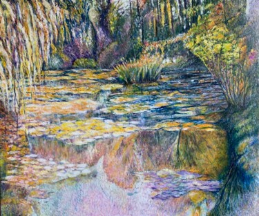 Painting titled "Yellow Lili pond" by Philippe Petit, Original Artwork, Oil
