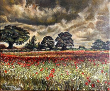 Painting titled "Stormy poppies" by Philippe Petit, Original Artwork, Oil