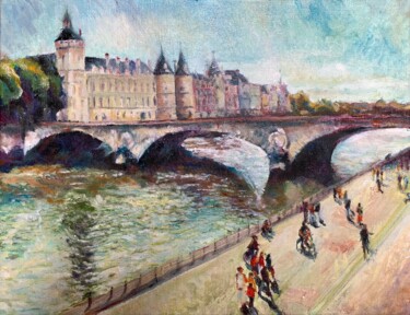 Painting titled "Balade sur les quai…" by Philippe Petit, Original Artwork, Oil Mounted on Wood Stretcher frame