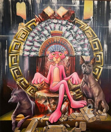 Картина под названием "Aztec Panther" - Philippe Toneut, Подлинное произведение искусства, Акрил Установлен на Деревянная па…