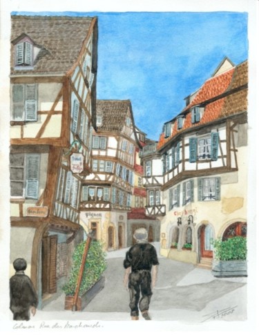 Painting titled "Colmar Rue des Marc…" by Philippe Levasseur, Original Artwork, Watercolor