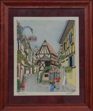 Peinture intitulée "Eguisheim, Auberge…" par Philippe Levasseur, Œuvre d'art originale, Aquarelle