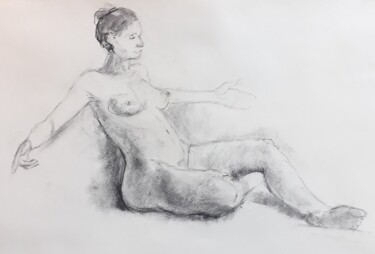 Drawing titled "Détente assise" by Philms, Original Artwork, Charcoal