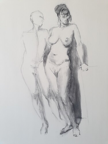 Dessin intitulée "Adam et Ève - Adam…" par Philms, Œuvre d'art originale, Fusain