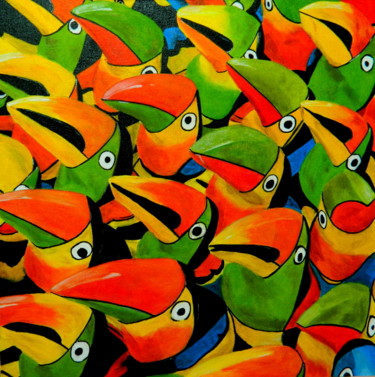 Painting titled "L'usine à toucans" by Phijk, Original Artwork, Oil Mounted on Wood Panel