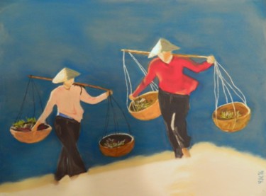 Pintura intitulada "Deux-chinoises-dans…" por Phijk, Obras de arte originais, Pastel