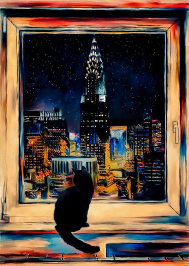 Цифровое искусство под названием "Cat at the window" - Michele Poenicia, Подлинное произведение искусства, Цифровая живопись