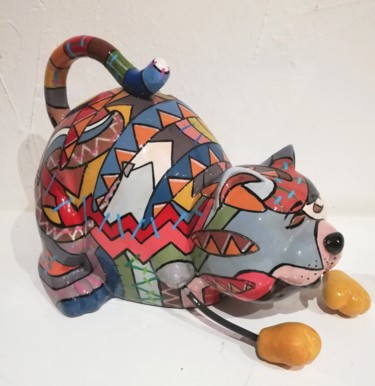 Sculpture titled "Chat joueur" by Philippe Sidot Et Charlotte Carsin, Original Artwork, Resin