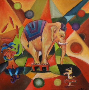 「Zirkus Elefant」というタイトルの絵画 Phut Buddhaによって, オリジナルのアートワーク, オイル