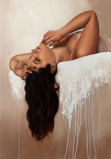 Painting titled "Absorta" by Pia Nicotra, Original Artwork, Oil Mounted on Wood Stretcher frame