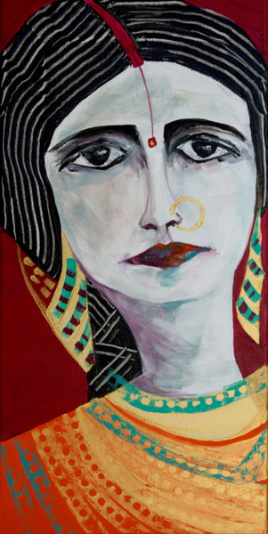 L'Indienne aux bijoux émeraude. Peinture intitulée "L'Indienne aux bijo…" par Véronique Piaser-Moyen, Œuvre d'art originale, Acrylique Monté sur Châssis en…