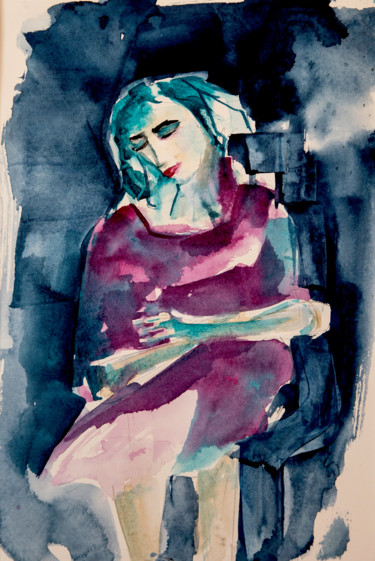 Peinture intitulée "Femme blues 01" par Véronique Piaser-Moyen, Œuvre d'art originale, Aquarelle