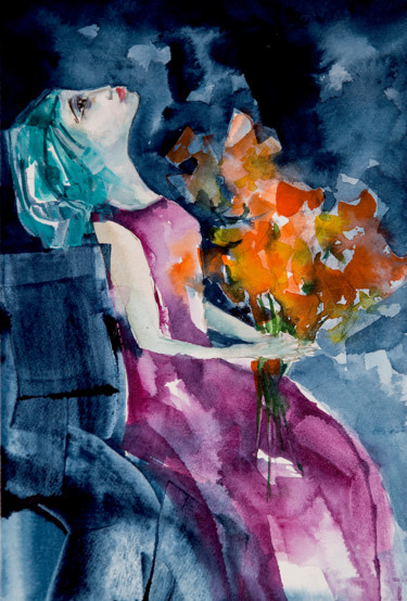 Peinture intitulée "Femme blues-06" par Véronique Piaser-Moyen, Œuvre d'art originale, Aquarelle