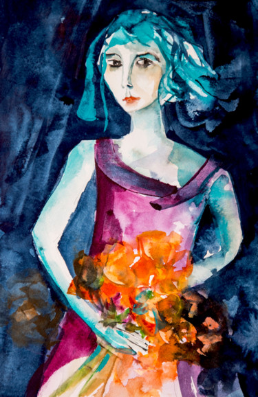 Peinture intitulée "Femme Blues 07" par Véronique Piaser-Moyen, Œuvre d'art originale, Aquarelle