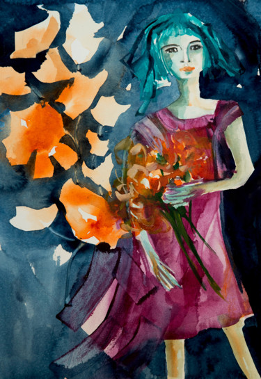 Peinture intitulée "Femme Blues 10" par Véronique Piaser-Moyen, Œuvre d'art originale, Aquarelle