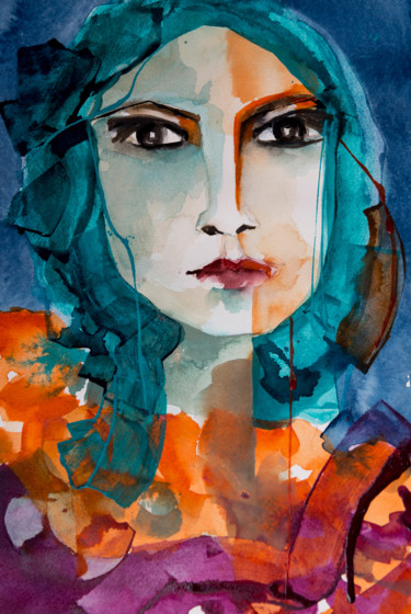 Peinture intitulée "Femme blues19" par Véronique Piaser-Moyen, Œuvre d'art originale, Aquarelle